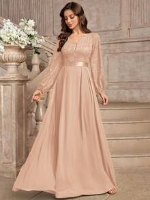 MIUSOL Elegant Floral Lace Deep V-Neck Lantern Sleeve Ruffle Hem Maxi Dress Party - Champagne - View 7