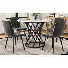 Dining Room Set (5 Pieces), Modern Dining Room Set (With 4 Chairs), Kitchen Table And Chair Set, 80cm Diameter Round Kitchen Table With Black Metal Legs, White MDF Top, Velvet Chairs - Grey - View 2