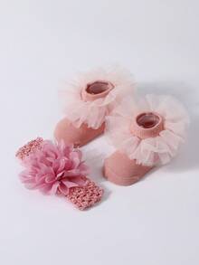 Baby Socks & Headband Set, European And American Style Lace Big Ruffle Floral Cute Princess Socks - Watermelon Pink - View 2
