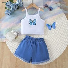 Conjunto Casual de Verão para Meninas, Regata com Alças Finas com Estampa de Borboleta e Shorts Denim Falsos, Adequado para Meninas de 4 a 7 Anos, Roupa de Verão para Uso Externo, Conjunto de Shorts de Moda para Crianças - Branco - Visão 9