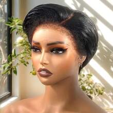 Peluca corta de encaje frontal con cabello rizado afro para mujeres, cabello humano 13x4x1 T parte encaje frontal corte pixie peluca 1B color negro sin pegamento con raya lateral y flequillo, peluca corta con capas de cabello humano sin pegamento para uso diario de mujeres - Natural Black - Ver 3