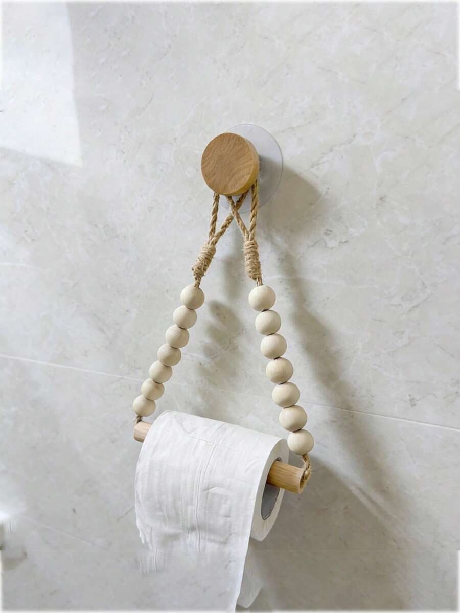 1pc Beaded Wooden Stick Roll Paper Holder Wooden Sticks Beaded Paper Towel Rack Storage Rack Homestay Decoration Nordic Wood Style Towel Rack - Multicolor - View 1
