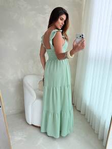 Long Dress With Lace Detail At The Waist, Duna Fabric. - Mint Green - View 2