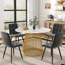 Dining Set (5 Pieces), Including A Table And Four Chairs, A Modern Kitchen Set, A Round Table 80 Cm In Diameter With Gold Metal Legs, A White MDF Top And Dark Grey Velvet Dining Chairs. - Dark Grey - View 1