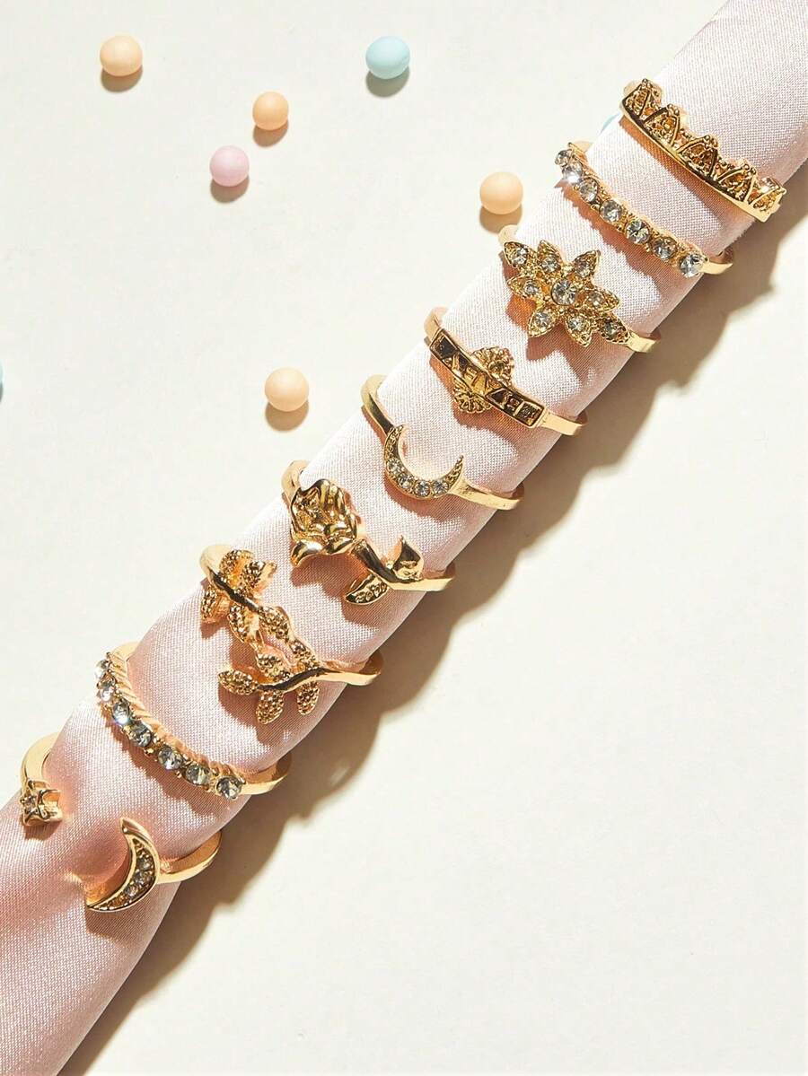 9pcs Gold-Tone Stackable Ring Set, Minimalist Moon, Flower And Crown Shaped Stacking Rings - Gold - View 1