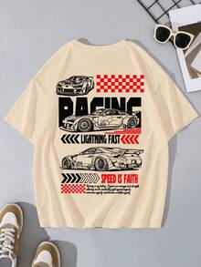 Boys' Oversized Graphic Tee, Racing Car Line Art Print, "RACING" & "SPEED IS FAITH" Slogan, Casual Loose Fit T-Shirt, For Back To School, Racing Events, Daily Leisure, Summer Wear - Apricot - View 3