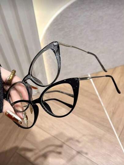 2 Pairs Stylish Cat Eye Design Transparent Glasses, Portable & Fashionable For Outdoor, Party, Reading, Street Photography Decoration