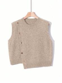 1 pieza Chaleco sin mangas de punto de unicolor con cuello redondo corto, diseño asimétrico con botones, accesorio de moda, chaleco versátil de punto para el verano - Caqui - Ver 8