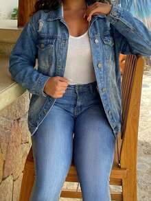 Plus Size Women Long Sleeve Pocket Button Vacation Distressed Denim Jacket Casual Spring - Medium Wash - View 2