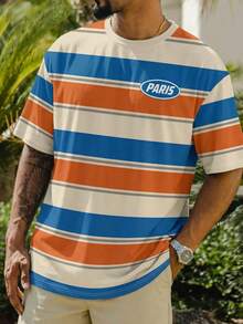 男士条纹字母印花休闲圆领短袖T恤，夏季 - 彩色 - 查看 1