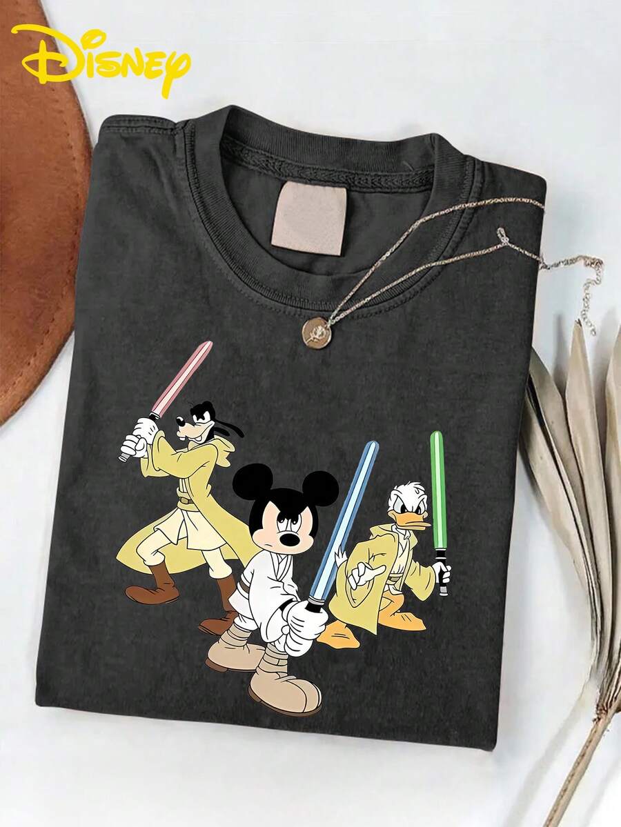 Disney Authorization-Fashion Short-Sleeved Cotton T-Shirts For Men And Women, Mickey Mouse And Friends, Star T-Shirts-Leisure And Comfortable Cotton Washed T-Shirts-Perfect Gifts For Teenagers And Girls-Suitable For Gifts. - Black - View 1