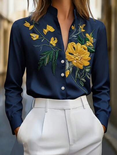 Áo sơ mi dài tay cài cúc phía trước, họa tiết hoa, cây và lá, kiểu dáng thường ngày, thích hợp cho mùa xuân.