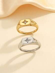 Set de 2 anillos de acero inoxidable de moda minimalista en color dorado y plateado, incrustados con diamante de imitación blancos, adecuados para uso diario o como regalo - Multicolor - Ver 2