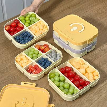 便携式长方形塑料午餐盒，带提手，可微波炉加热，密封防漏，可装水果沙拉等食物，可重复使用，大容量隔层午餐盒，适合学生和成人用于学校、办公室、户外露营、野餐、旅行、返校等场合。