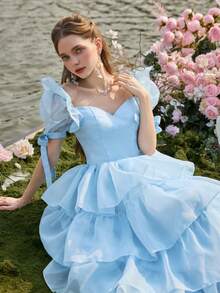 Faeriesty 优雅的欧根纱中长款派对礼服，心形领口，泡泡袖 - 多层荷叶边设计，适合婚礼、舞会、花园派对和正式晚宴等场合。春季 - 藍色 - 查看 10