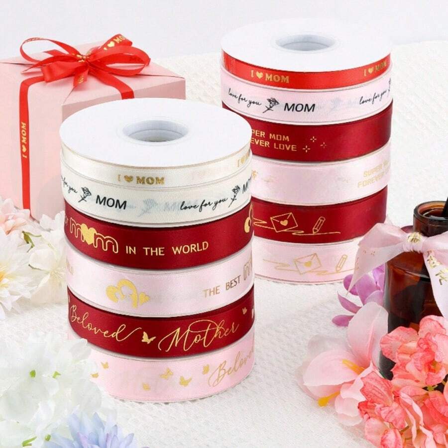 5 Yards/Pack Mother's Day Carnation Ribbon, Best Mom Ribbon, Flower Bouquet Gift Packaging Satin Ribbon, Cake Box Tie Ribbon, DIY Craft - 6 - View 1