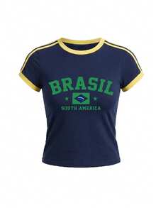 Women's Summer New Minimalist Navy Contrast Yellow Edge LONDON Print Casual Round Neck Short Sleeve T-Shirt, Fashionable And Versatile - Blue - View 4