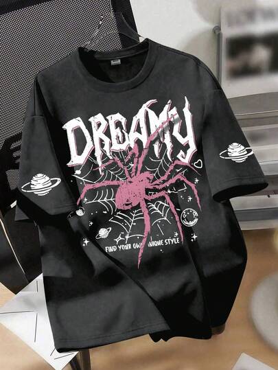 青少年男童前卫街头风宽松T恤，蜘蛛与宇宙元素印花，“DREAMY”标语细节，休闲短袖上衣，适合朋友聚会、休闲放松、日常穿着