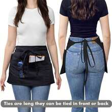 1pc Waitress Apron With Pockets, Short Apron With Pockets, Waist Apron, Server Apron With 3 Pockets, Gardening, Cooking And Waitressing |   Long Strap - Black/White - 均碼-黑色 - 查看 3
