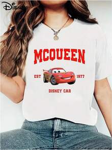 Disney Authentic Lightning McQueen Print, Soft And Skin Friendly Elastic Casual Short Sleeved Top, Fashionable Short Sleeved Round Neck T-Shirt, Women's Clothing - 白色 - 查看 2