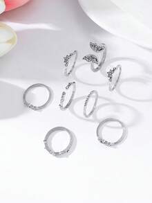 8pcs/Set Bohemian Style Rhinestone Butterfly Rings Set, Gift For Women - Silver - View 2
