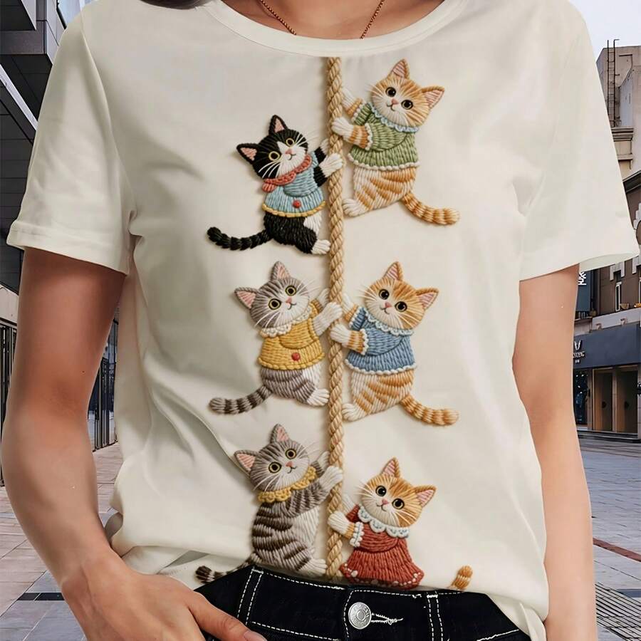 Women's Short-Sleeved T-Shirt With A Cute Kitten Climbing A Rope Print - Plain, Standard Size, Machine Washable, Ideal For Casual Wear In Spring, Summer, And Autumn. - Beige - View 1