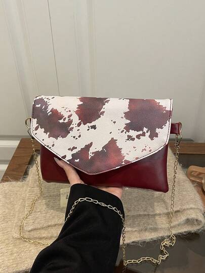 1pc Contrast Color Print PU Envelope Shoulder Bag With Chain, Portable & , Suitable For Spring/Summer Casual Outings