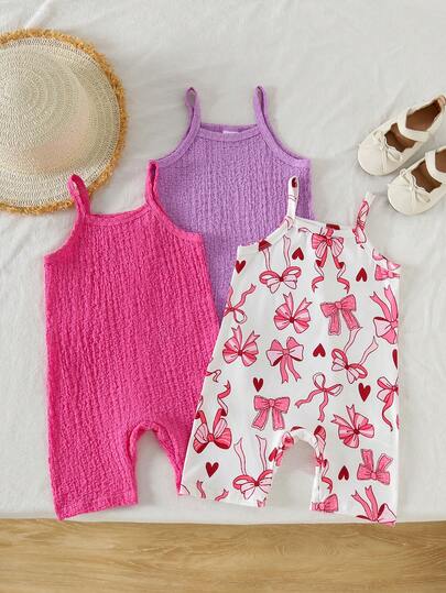 Bộ 3 món áo liền quần và quần đùi cho bé gái, in hình bướm và màu trơn, thoải mái và thoáng khí, thích hợp mặc hàng ngày vào mùa hè.
