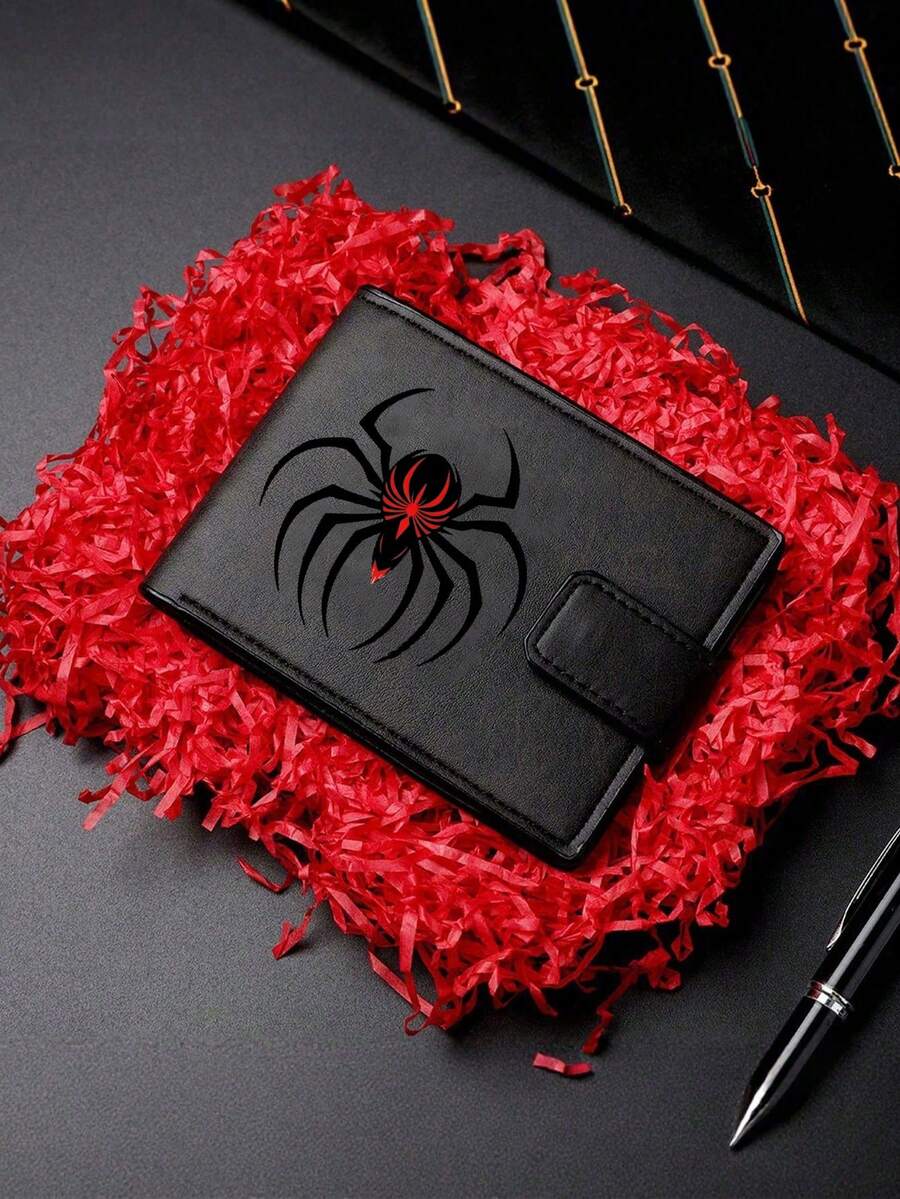 Billetera de piel sintética de moda - Monedero compacto con cremallera y tarjetero, estuche de tarjetas con cierre a presión, diseño "No toques mi billetera", ideal para uso diario - Estampado de araña negro + negro y rojo - Ver 1