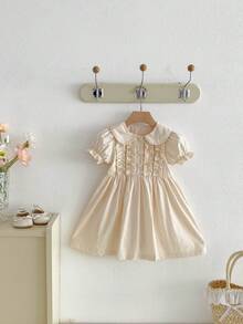 1件女婴休闲简约学院风泡泡袖彼得潘领连衣裙，夏季 - 杏色 - 查看 2