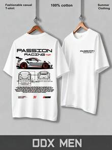 T-Shirt With 911 "Passion Racing" Motif, Sports Car Print, Short-Sleeved T-Shirt For Men With Crew Neck Made Of 100% Cotton, Leisure Sportswear, Streetwear, Summer T-Shirt, Machine Washable, Suitable For Everyday Wear. - 白色 - 查看 2