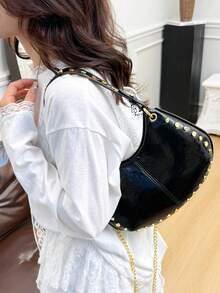 Punk Street Style Rivet Adjustable One Shoulder Crossbody Saddle Bag For Women - Black - View 4