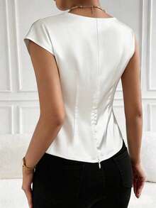 女士纯色不对称/不对称荷叶边休闲衬衫 白色 - 白色 - 查看 3