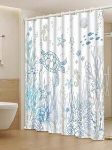 1pc Nautical Coastal Sea Turtle Shower Curtain, Ocean Theme Bathroom Window Curtain With Coral Starfish Seashells, Underwater Seahorse Shower Curtain, Bathroom Decor With 12 Hooks, Bathroom Accessories - Multicolor - View 6