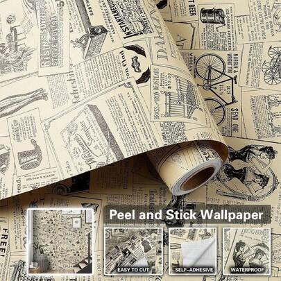 1 Cuộn Giấy Dán Tường Trang Trí Phòng Theo Phong Cách Báo Cũ Nhiều Loại Giấy Dán Tự Dính, Dễ Dán, Có Thể Tháo Rời, Dùng Cho Đồ Nội Thất, Kệ, Ngăn Kéo, Lót Tủ Bếp, Trang Trí Tường