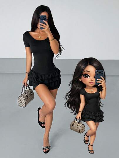 AITYI Studio Women's Jumpsuit, Well Fitted Casual U-Neck Ruched Multi-Layer Skirt Design, Slimming Black Bodysuit, Comfortable & Fashionable, Versatile For Outdoor Sports, Beach Party, Graduation, Carnival, Music Festival, Spring/Summer