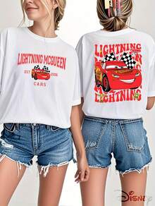 Disney Lightning McQueen Racing Graphic T-Shirt - Official Double-Sided Print, Casual Summer Short Sleeve Tee For Women, Perfect Gift Idea, Shirts - 白色 - 查看 1