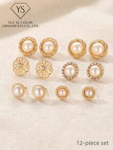 12件套优雅圆形仿珍珠简约奢华休闲耳环套装，高性价比首饰套装，时尚耳环配饰 - 米色 - 查看 5