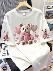 Women's Cute Teddy Bear & Balloon Print Short Sleeve T-Shirt Casual - White - View 1