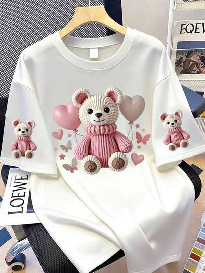 Women's Cute Teddy Bear & Balloon Print Short Sleeve T-Shirt Casual