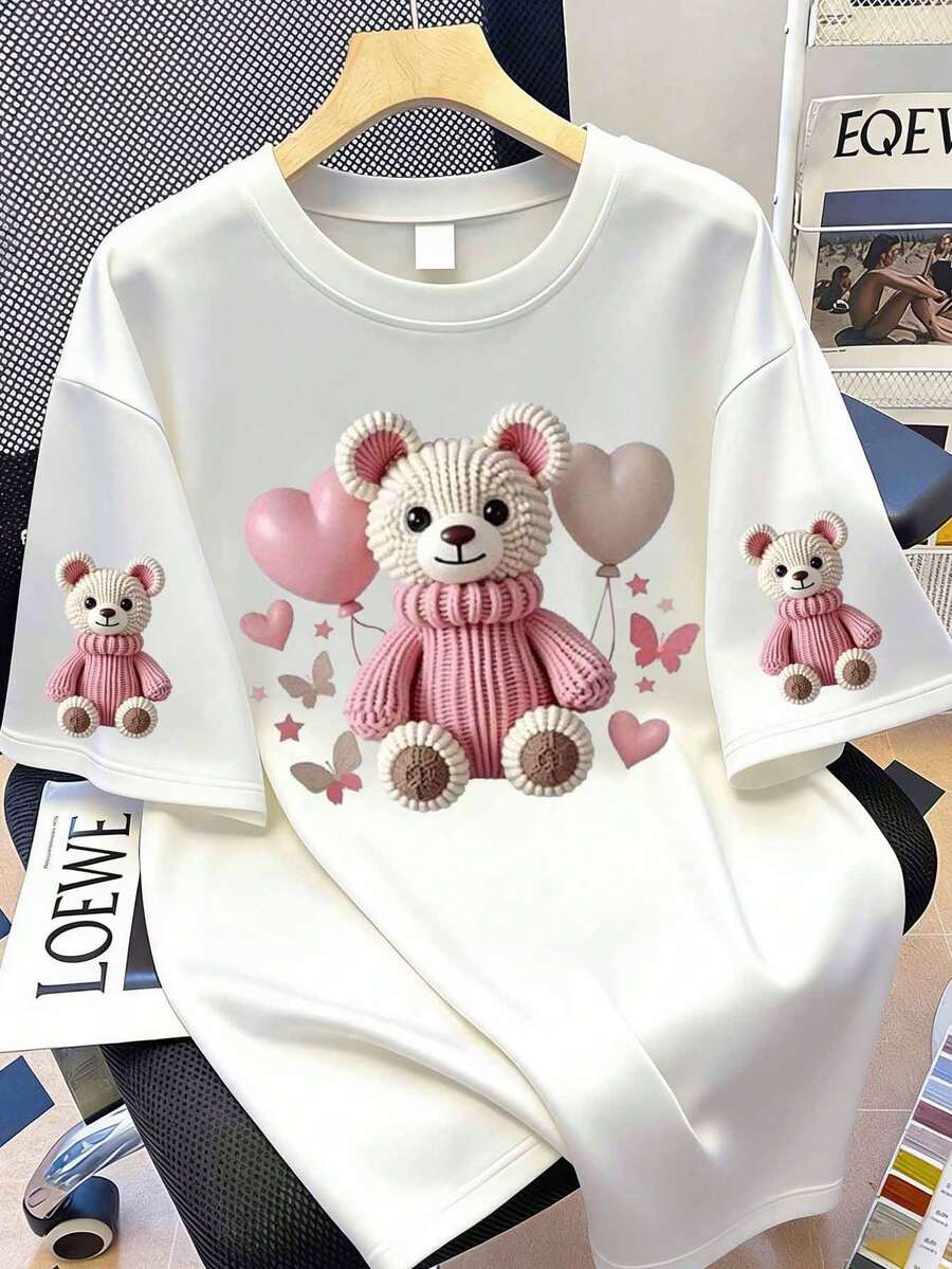 Women's Cute Teddy Bear & Balloon Print Short Sleeve T-Shirt Casual - White - View 1