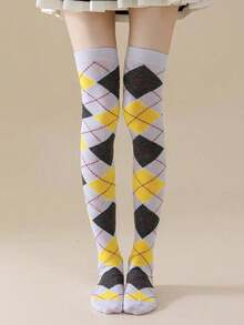 1 Pair Spring Autumn Winter Jk Dance Geometric Patterns Argyle Plaid Knee High Socks Thigh Over The Knee Socks, Y2k, Cozy - 36-39 - 查看 8