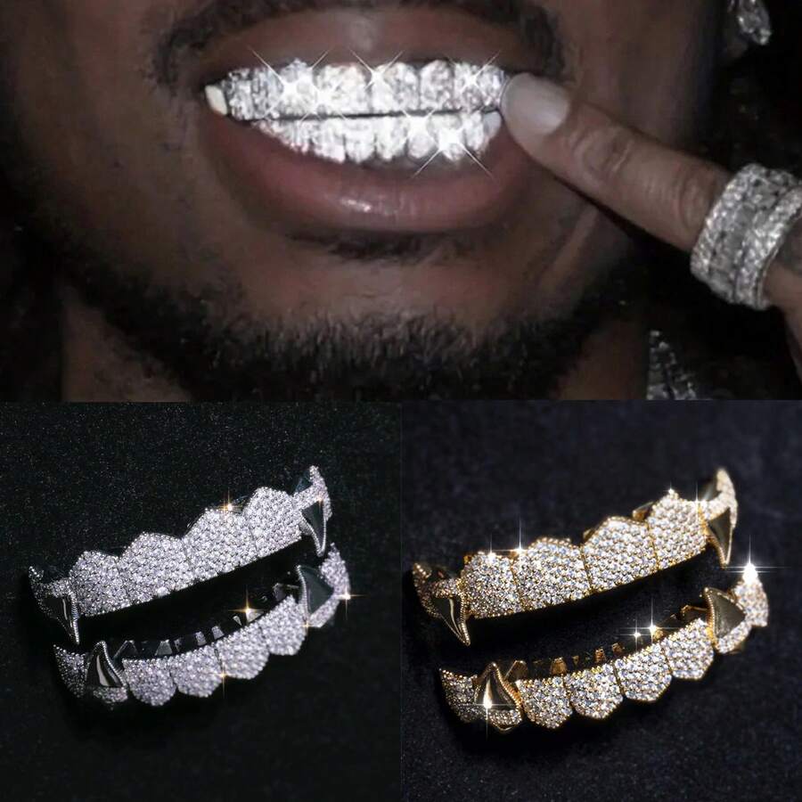 1件/2件装嘻哈风铜镀金锆石吸血鬼牙套，个性化珠宝配饰