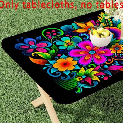1pc Outdoor Party Elastic Tablecloth, Durable Polyester Rectangular Tablecloth, Suitable For Indoor/Outdoor Parties, Holidays, Beach, Picnics, Festival Decor, Vibrant Pattern, Long-Lasting Quality