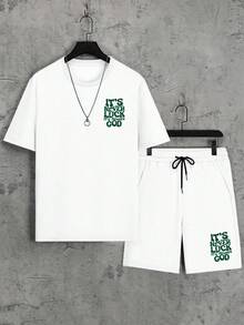 男士休閒套裝圓領T恤與抽繩短褲，輕盈舒適，「It's Not Luck, It's God」印花，適合日常穿著、禮物、信仰 - 白色 - 查看 2