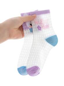 5 Pairs Girls' Breathable Thin Mesh Socks, Cute Cartoon Purple Children's Socks, Spring/Summer - Multicolor - View 9