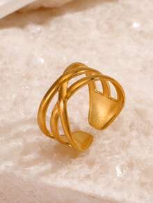 1pc 18K Gold Plated Stainless Steel Geometric Line Design Open Ring, Suitable For Women's Daily Wear - Gold - View 4