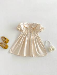 1件女婴休闲简约学院风泡泡袖彼得潘领连衣裙，夏季 - 杏色 - 查看 7