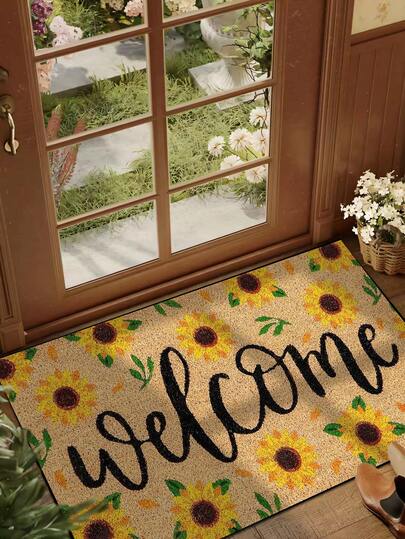 1pc Interesting Sunflower Flower & Leaf "Welcome" Pattern Doormat, Farmhouse Style Indoor Outdoor Non-Slip Mat, Machine Washable Polyester Fiber Rug For Kitchen, Dining Room, Hallway, Bathroom, Bedroom, Outdoor, Entryway, Home Decor, Room Decor, All Seasons