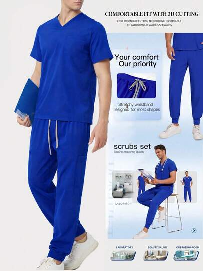 Blue Short Sleeve Medical Uniform Set, Doctor/Nurse Scrubs Outfit